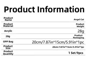 Detailed specifications for Acrylic Angel Cat Mirror Wall Decal showing size and set info