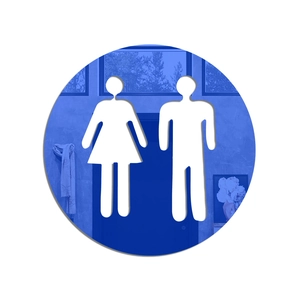 Modern blue mirror acrylic restroom sign featuring male and female silhouette cutouts
