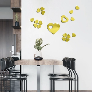 3D Golden Heart and Clover Mirror Acrylic Wall Stickers for Modern Living Room Decor