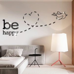 Modern 3D black acrylic wall stickers with be happy quote and flying bird design