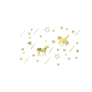 Macro detail of golden mirror unicorn and star acrylic wall stickers with reflective finish