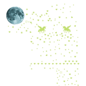 Luminous wall stickers set with blue moon, stars, hearts and glow-in-the-dark unicorns