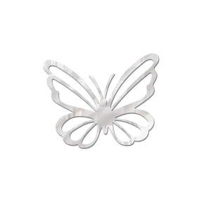 Macro shot of silver butterfly mirror wall sticker showing hollow wings and metallic texture
