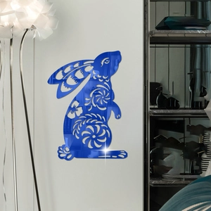 Detailed blue acrylic mirror wall sticker with cute rabbit cutout design on white wall