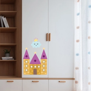 Cartoon castle wall decal with blue smiling cloud on white cabinet for kids room decor