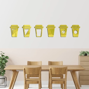 Detailed view of 6-piece golden mirror acrylic coffee cup wall stickers in a modern dining room