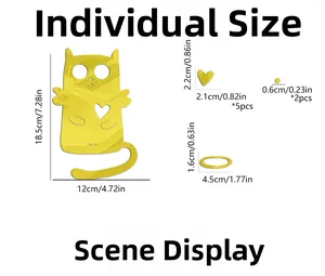 Detailed dimensions of cat-shaped acrylic mirror wall stickers with heart and dot accents