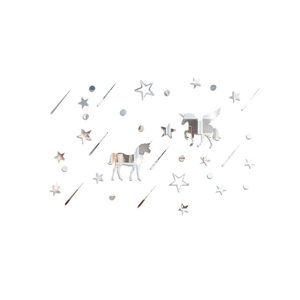 Detailed set of 3D mirror acrylic unicorn and star wall stickers with reflective surface