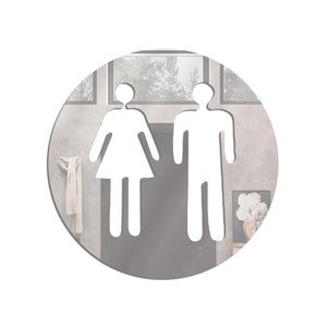 Modern circular acrylic mirror toilet sign featuring male and female cutout symbols