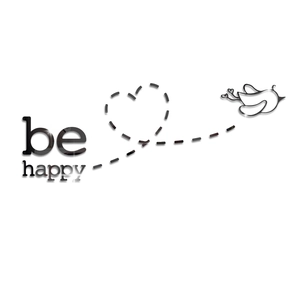 Detail of 3D mirror acrylic wall stickers featuring Be Happy text and bird motif