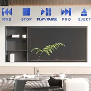 Blue mirror acrylic media player wall stickers with 3D playback icons for living room decor