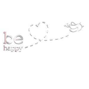 Detail of silver acrylic wall sticker featuring be happy letters, hearts and a bird