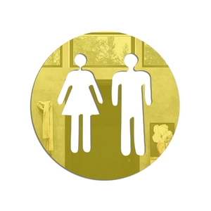 Detailed close-up of a golden mirror acrylic restroom sign with universal male and female icons