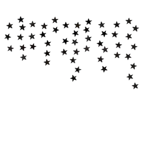 Detailed view of scattered black 3D pentagram star stickers on a white background