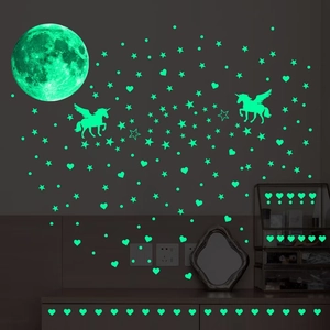 Luminous moon and unicorn wall sticker set with stars and hearts for bedroom decor