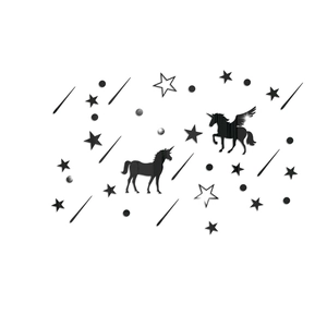 Detail of unicorn and stars 3D acrylic mirror wall stickers in glossy black finish