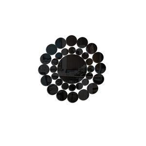 Detailed arrangement of dark gray round mirror wall stickers in a sunflower sunburst pattern