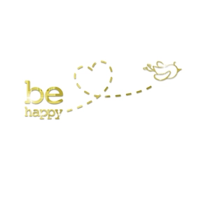 Macro detail of golden mirror acrylic wall sticker featuring 'be happy' and bird