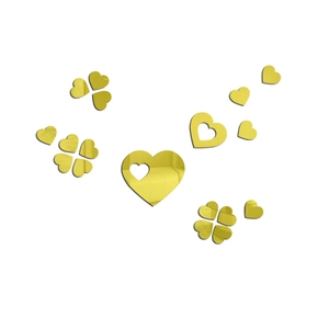 Detailed view of self-adhesive 3D acrylic heart and clover mirror wall stickers in gold