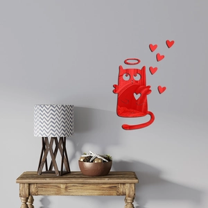 Red cat mirror wall sticker set with heart accents for home bedroom decoration