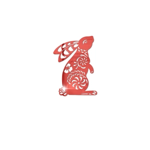 Detail of red acrylic mirror rabbit wall sticker with intricate hollow floral patterns