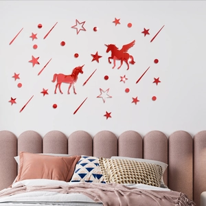 Red 3D mirror acrylic unicorn and stars wall stickers for kids' bedroom decor