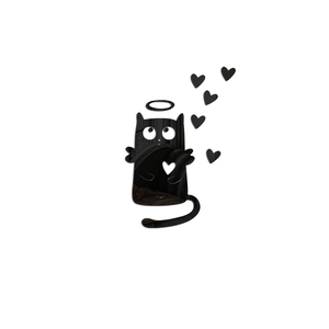 Detail of glossy black acrylic cat wall sticker with wings and heart shape accents
