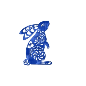 Blue rabbit mirror acrylic wall sticker with traditional cutout floral patterns