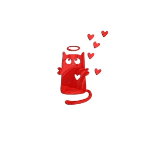 Detail of red mirror wall sticker featuring a cute angel cat and floating hearts