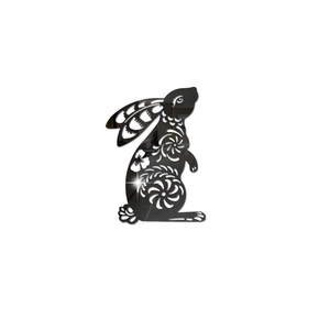 Detailed view of black rabbit mirror wall sticker with intricate hollow floral patterns