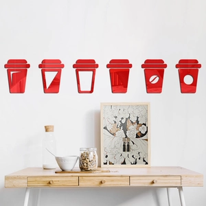 Modern red acrylic coffee cup mirror wall stickers set of six for home kitchen decor