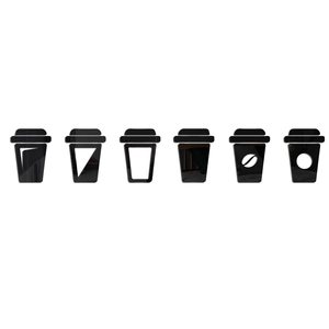 Detail view of 6-piece black acrylic coffee cup wall stickers with mirrored finish
