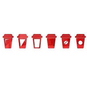 Detailed view of six red acrylic mirror coffee cup wall stickers with hollow patterns