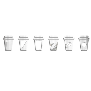 Detail showing six coffee cup acrylic mirror wall stickers with various geometric patterns
