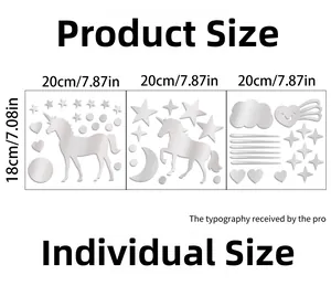 Detailed size chart for 20x18cm unicorn star mirror wall stickers layout and dimensions
