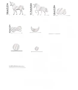 Detailed specs of silver acrylic mirror wall stickers with unicorn and star shapes