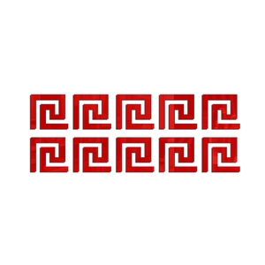 Macro detail of 10-piece red acrylic wall decals featuring classic Greek key patterns