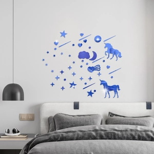 Detailed blue acrylic mirror wall decals with unicorn, moon and stars in modern bedroom