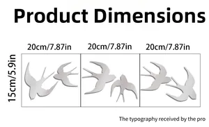 Size chart showing 20x15cm 3D mirror swallow wall stickers dimensions for home decor