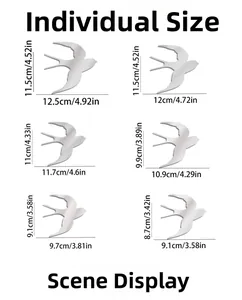 Size chart for 3D mirror acrylic swallow wall stickers showing six different dimensions