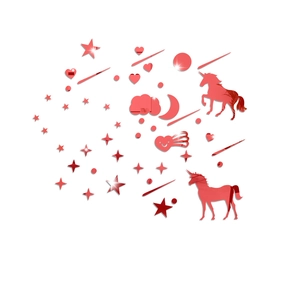 Detail view of red mirror acrylic wall stickers set with unicorn and star shapes