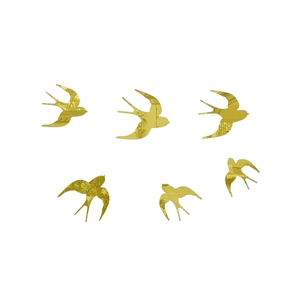Detailed view of six golden swallow mirror acrylic wall stickers in various flight poses