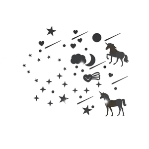 Detail of black acrylic starry unicorn mirror wall stickers with moon and star elements