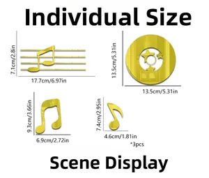 Detailed size chart for music note acrylic mirror wall stickers with dimensions in inches