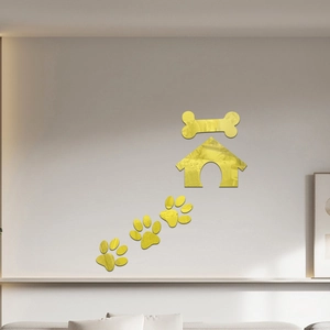 Détail des stickers muraux en acrylique miroir doré motif niche et pattes d'animaux