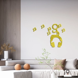 Golden acrylic mirror DJ wall sticker with musical notes for modern room decoration