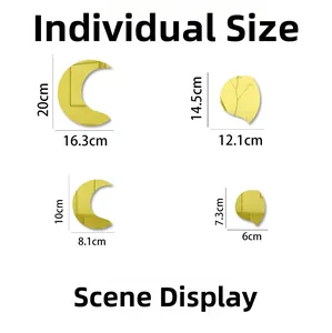 Size chart showing acrylic mirror wall stickers with crescent and leaf dimensions
