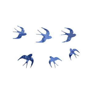 Set of 6 blue mirror acrylic swallow wall stickers in various flying 3D poses