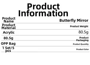 Detailed product specification table for 5pcs butterfly acrylic mirror wall stickers