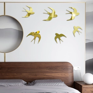 Set of 6 golden mirror swallow wall stickers for 3D acrylic home decor and bedroom art